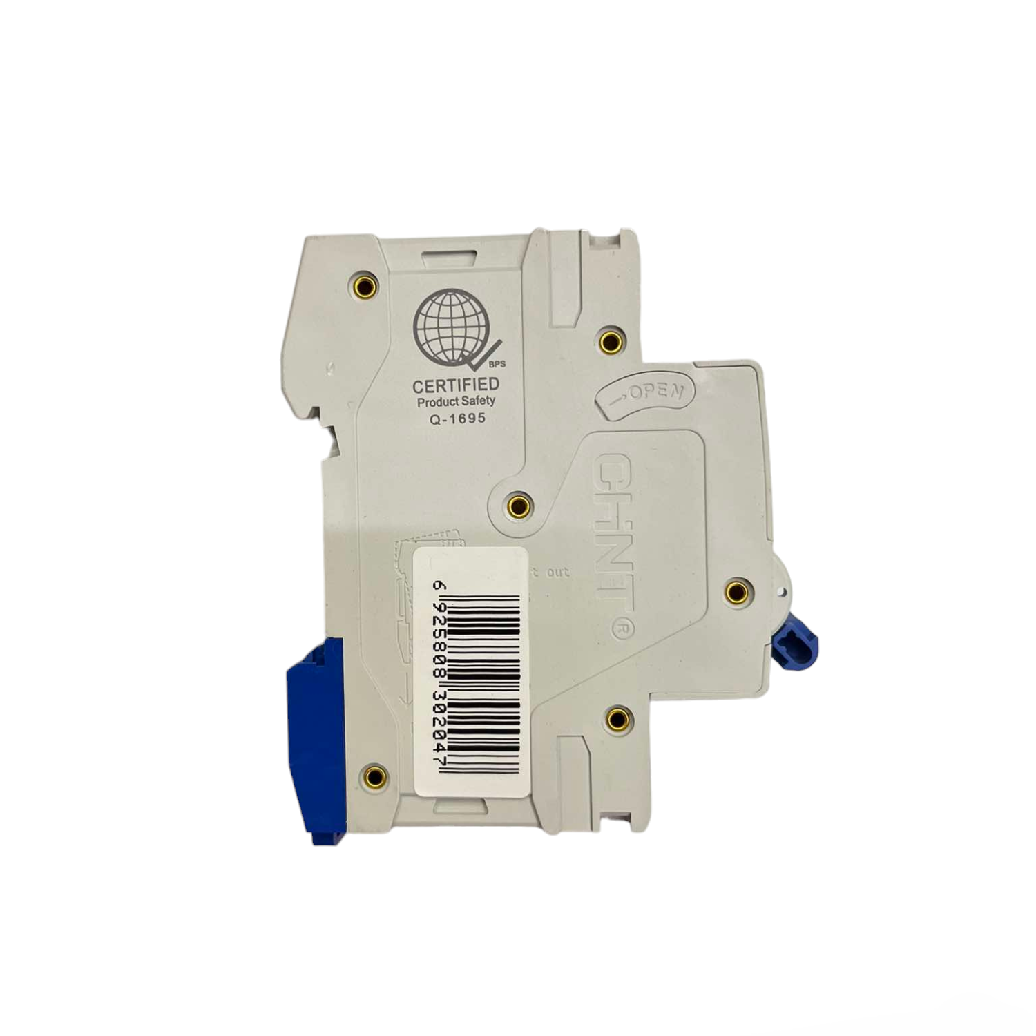 Electrical circuit breaker with certification label on a white background