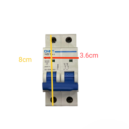 Electrical circuit breaker with dimensions labeled on a white background