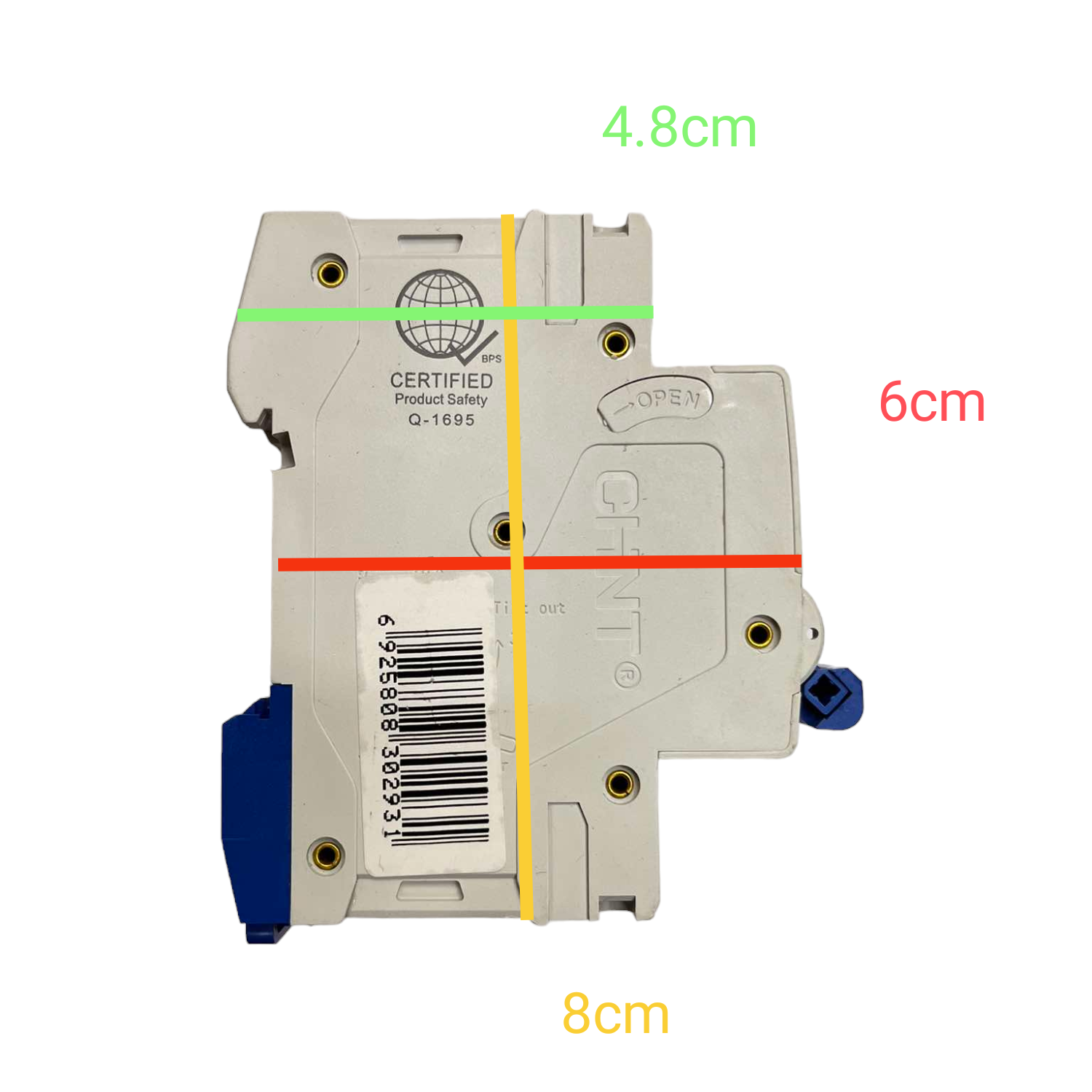 Circuit breaker with measurements marked on a white background