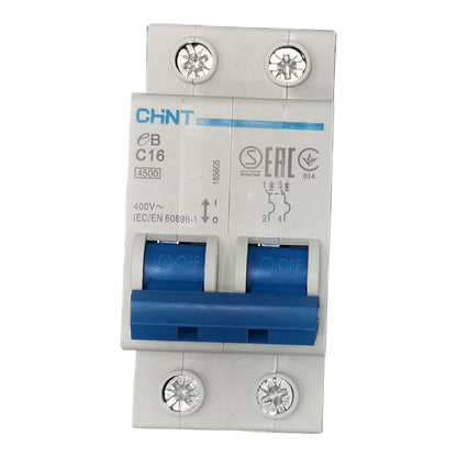 Electrical circuit breaker with CHINT branding on a white background
