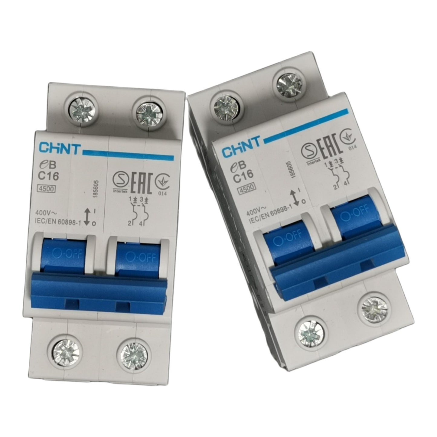 Two circuit breaker switches with visible branding on a white background