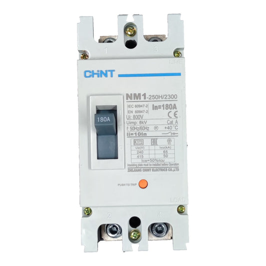 A CHINT NM1 180A electrical contactor with a white plastic housing, blue brand logo and text, a dark blue switch, and a small orange reset button, shown on a plain white background.