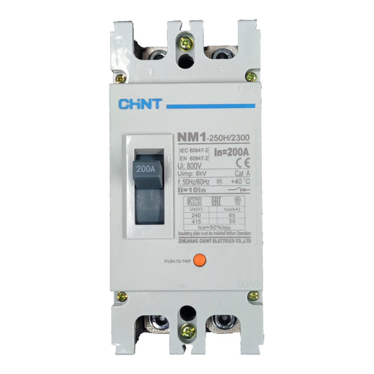 A CHNT NM1 250H/2300 electrical circuit breaker, model NM1-250H/2300, featuring a white plastic housing, a dark gray toggle switch, and a blue CHNT logo on the front, set against a plain white background.