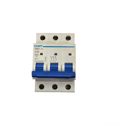 Circuit breaker with blue and white design on a white background