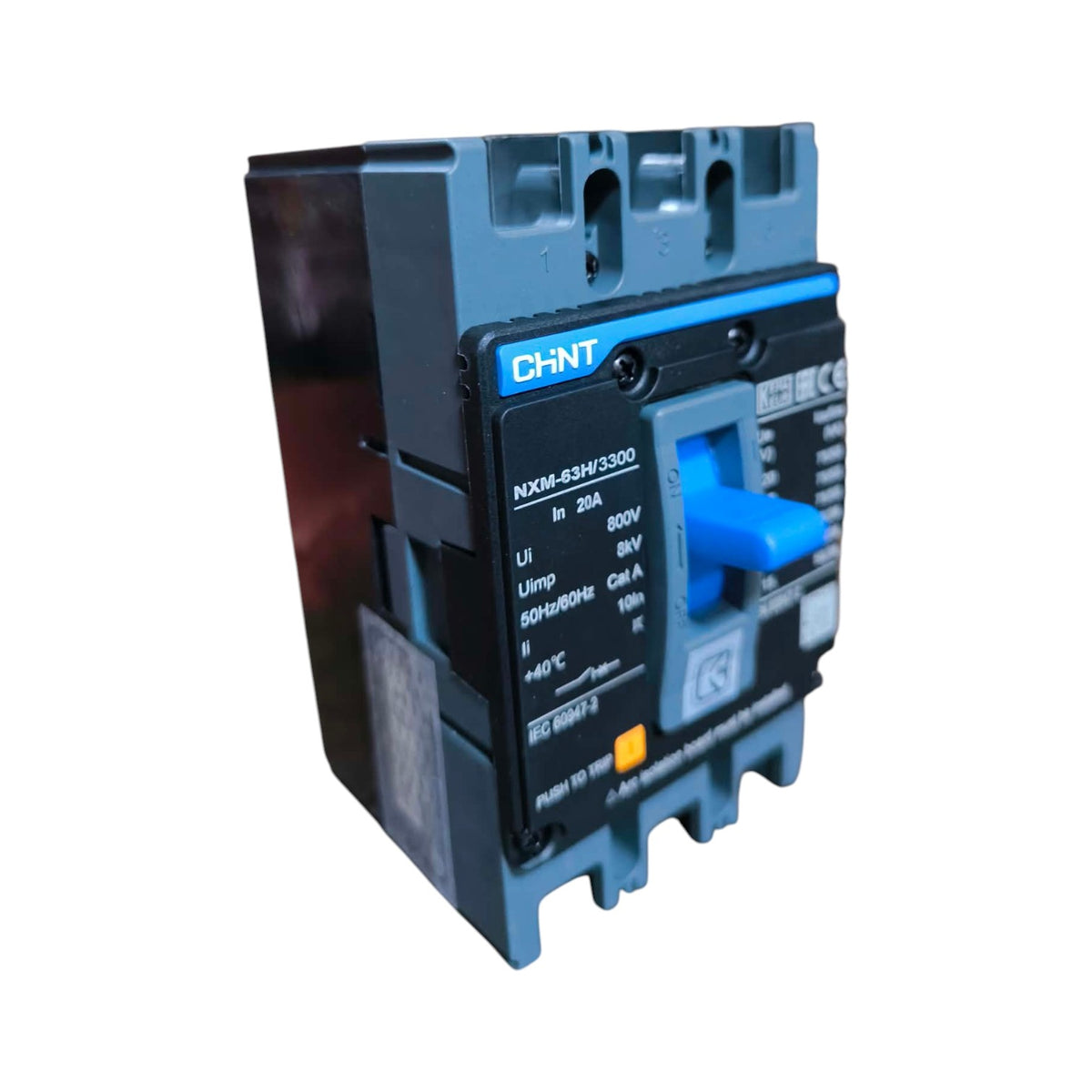 A CHNT electrical circuit breaker with a blue handle and black front panel, shown on a plain white background.