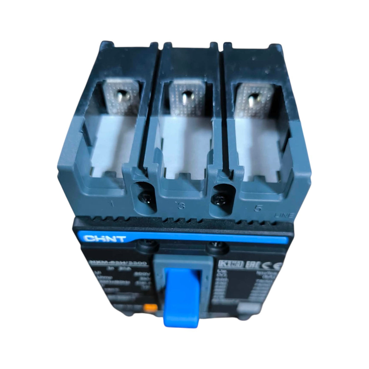A CHNT electrical circuit breaker with a blue handle and blue accents, featuring three terminal compartments at the top, shown on a plain white background.