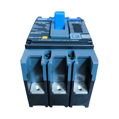 A three-pole electrical circuit breaker with a blue handle and blue plastic housing, shown against a plain white background.