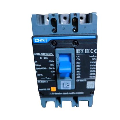 A CHNT brand industrial contactor relay, model INDM-83H/3300, featuring a dark blue and black plastic housing with a bright blue switch handle and terminal markings.