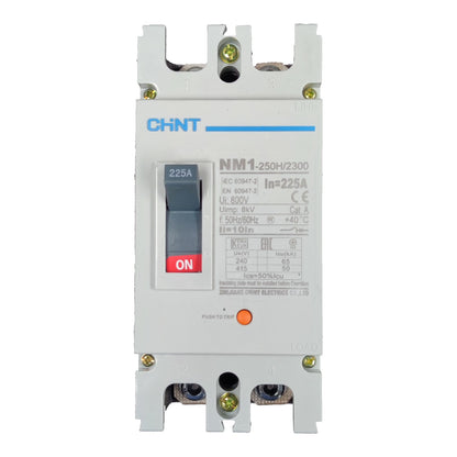 CHNT NM1-250H/2300 circuit breaker with a front-mounted switch, terminal blocks at the top and bottom, and a white plastic housing on a white background.