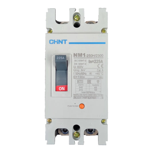 CHNT NM1-250H/2300 circuit breaker with a front-mounted switch, terminal blocks at the top and bottom, and a white plastic housing on a white background.