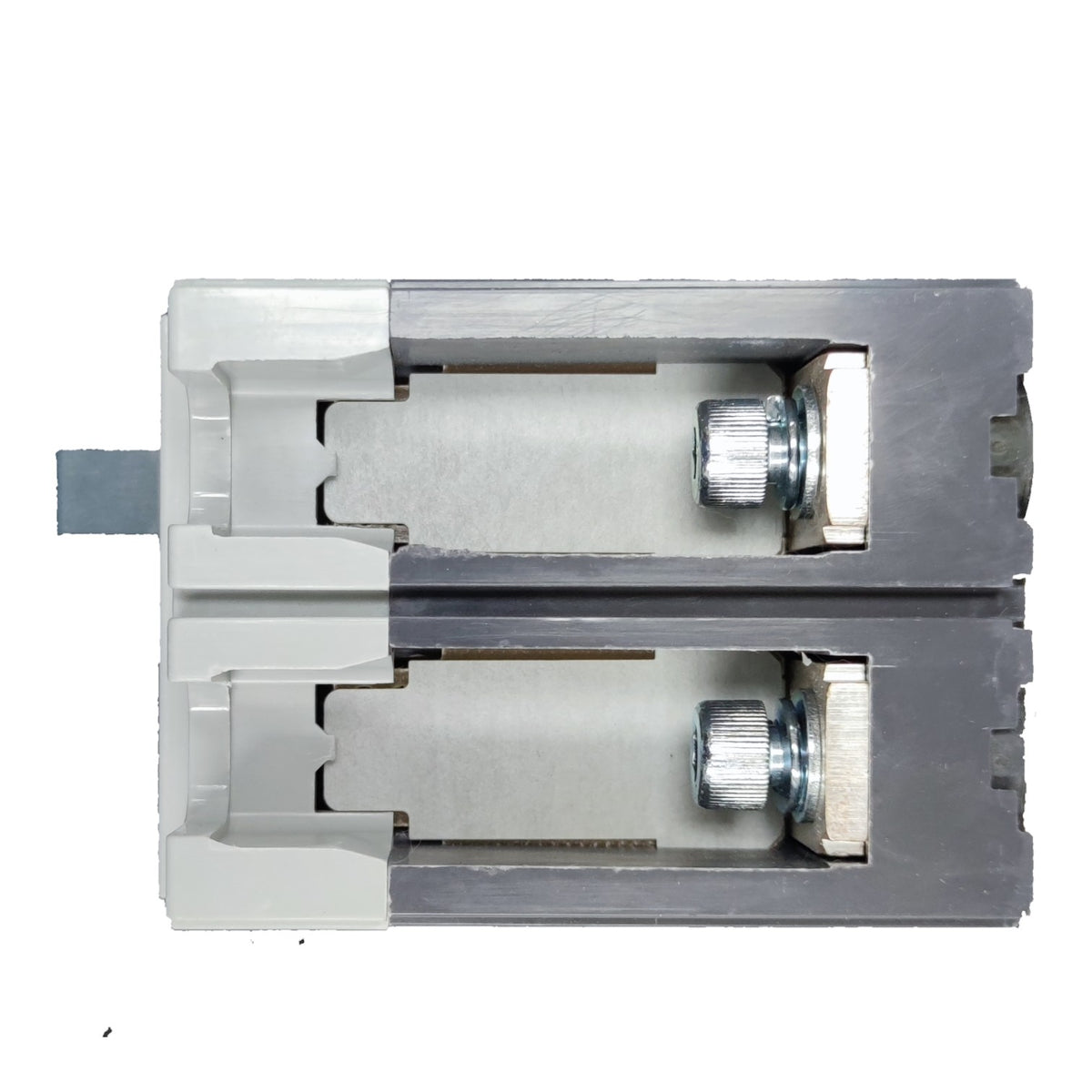 A close-up of a metal lock cylinder or door lock mechanism shown in a cutaway view, with silver-toned metal components, a gray outer frame, and a small blue tab on the left side, photographed on a plain white background.