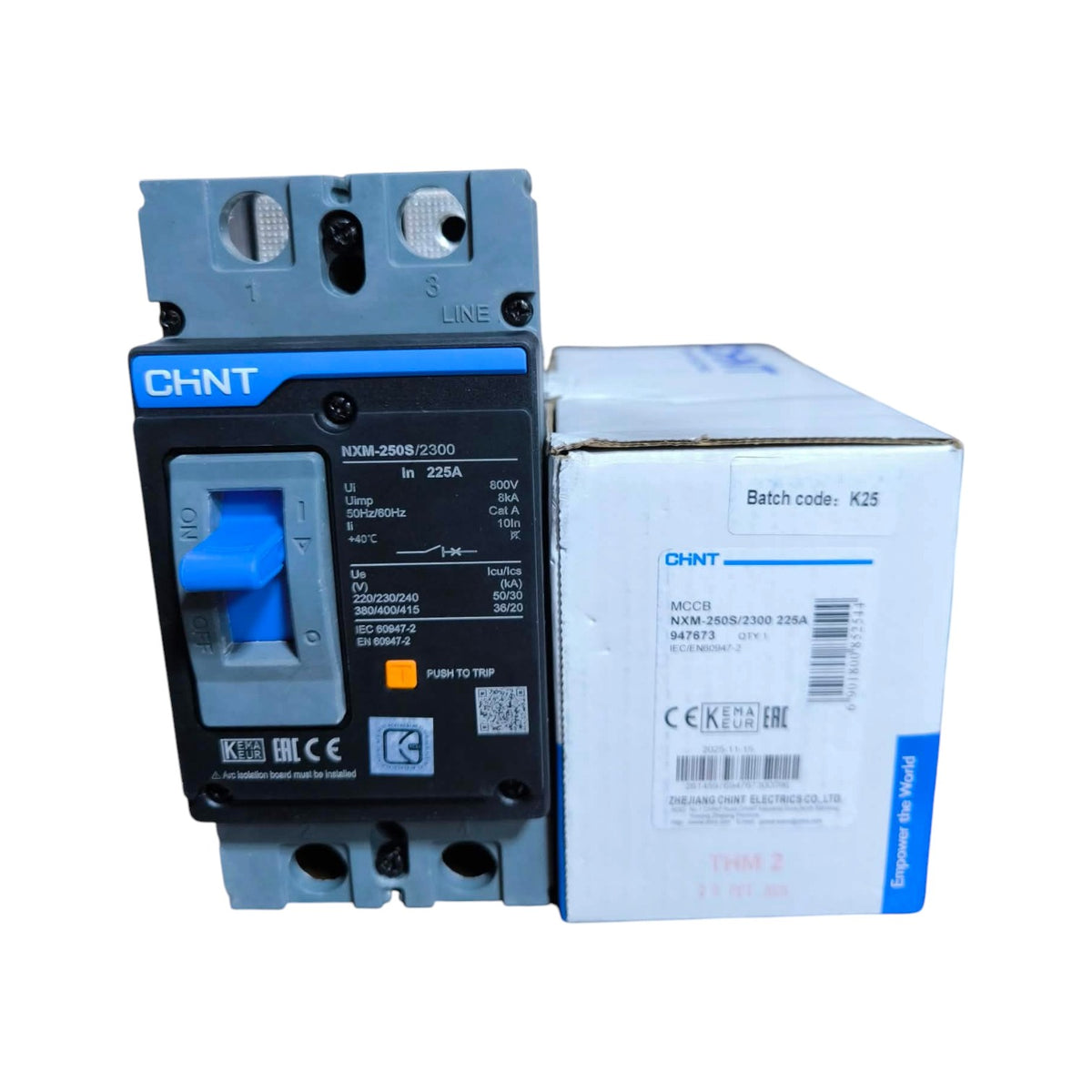 A CHINT circuit breaker next to its white and blue retail box, photographed on a plain white background.