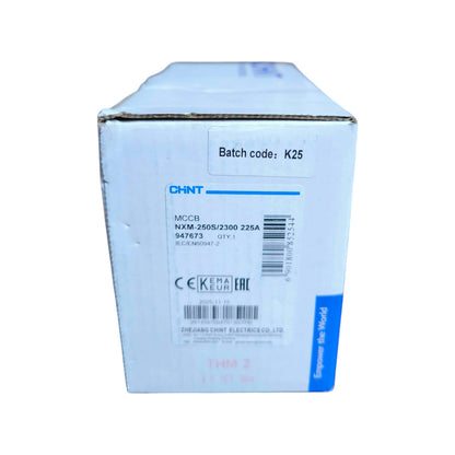 A white cardboard product box with blue printed text and barcodes, photographed against a plain white background. The box shows CHINT branding and a printed label including batch code K25 and part information.