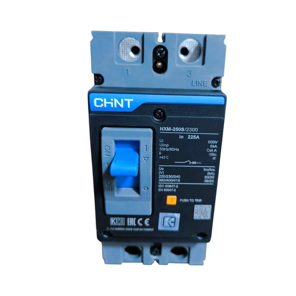 A CHNT brand industrial electrical circuit breaker, model KXM-2568/2300, featuring a blue and black front housing with a blue switch handle and gray terminal blocks at the top and bottom.