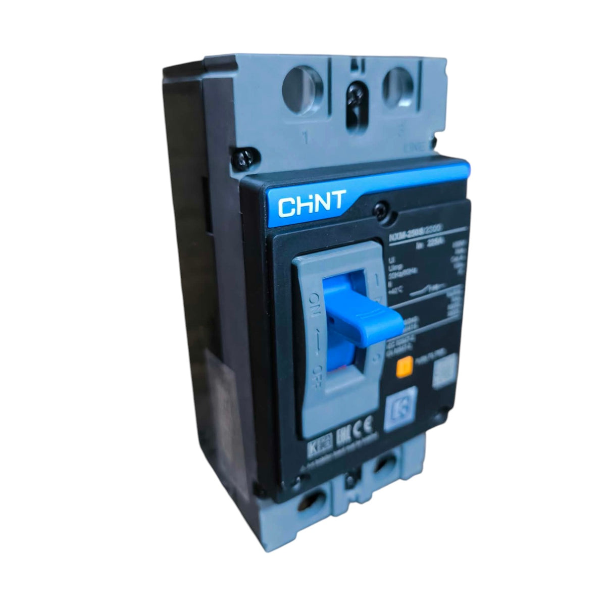A CHNT circuit breaker with a blue handle and blue accents, shown on a plain white background.