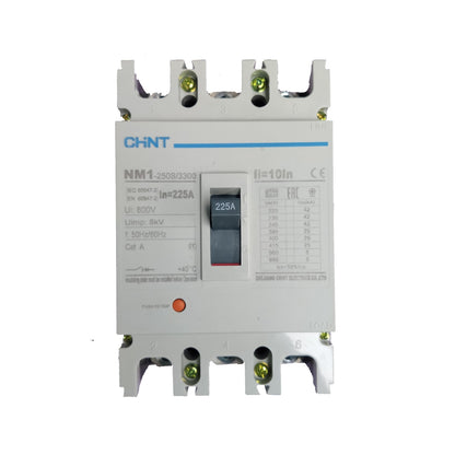 A CHNT NM1 2500V/3302 circuit breaker with a 225A switch, featuring a white plastic housing, blue brand text, and green terminal screws on a white background.
