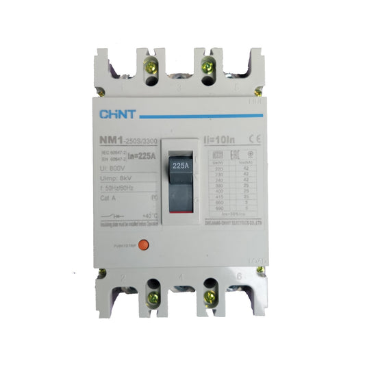 A CHNT NM1 2500V/3302 circuit breaker with a 225A switch, featuring a white plastic housing, blue brand text, and green terminal screws on a white background.