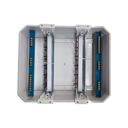 An open white electrical junction box showing internal busbar terminals with blue terminal strips and copper busbars, isolated on a white background.