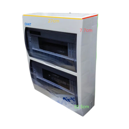 A white electrical distribution cabinet with two open lower compartments, shown on a plain white background with overlaid dimension labels reading 27cm, 7.7cm, and 32.