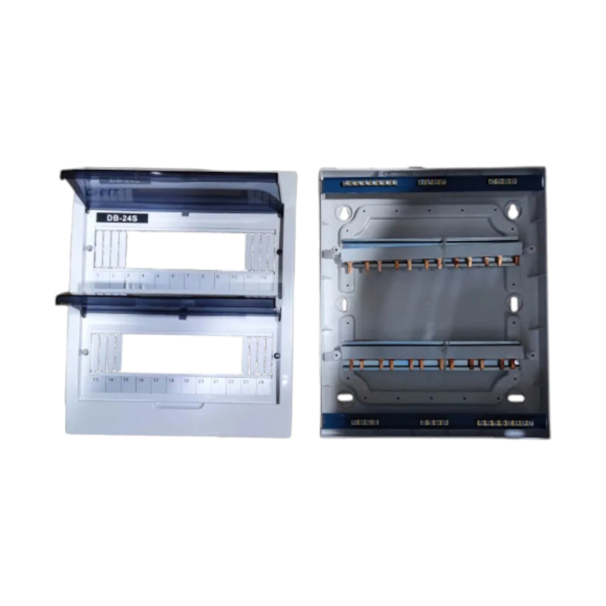 Two industrial electrical distribution boxes shown on a plain white background, one closed and one open to reveal internal busbar terminals and mounting slots.