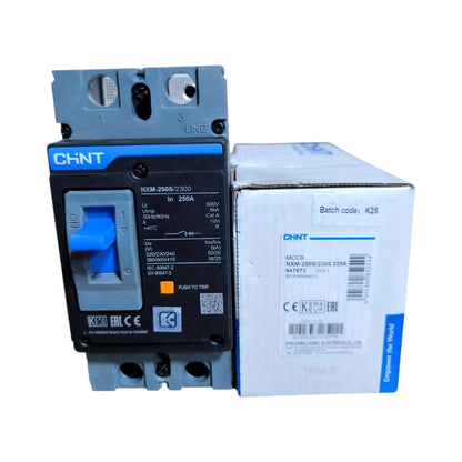 A CHNT NM-2508-230A circuit breaker shown next to its original white cardboard packaging box on a plain white background.