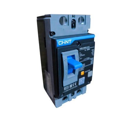 A CHNT AC20A 320V RCCB circuit breaker with a blue switch handle, black and gray plastic housing, and a blue brand label, shown on a plain white background.