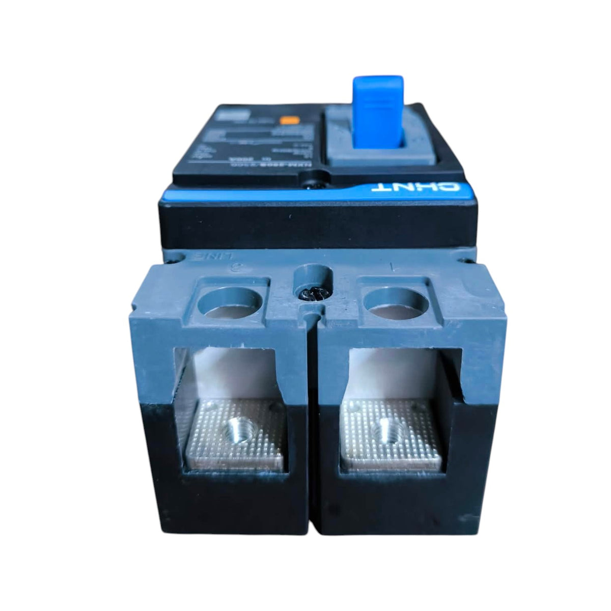 A CHNT electrical contactor with a blue and black plastic housing, featuring two front contact terminals and a blue top switch, shown on a white background.