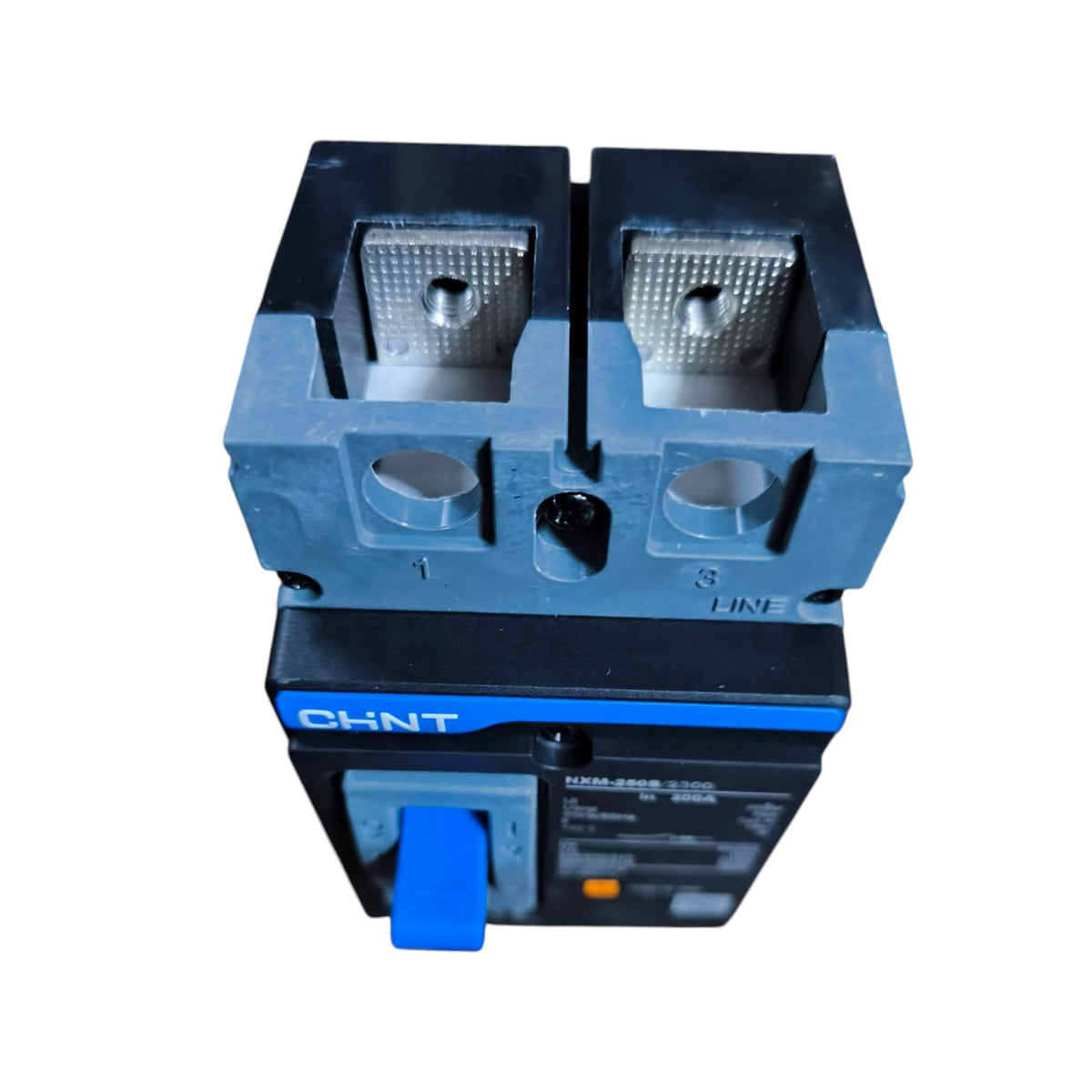 A CHNT electrical circuit breaker with a blue and black plastic housing, featuring two terminal blocks on top and a blue switch handle on the front.
