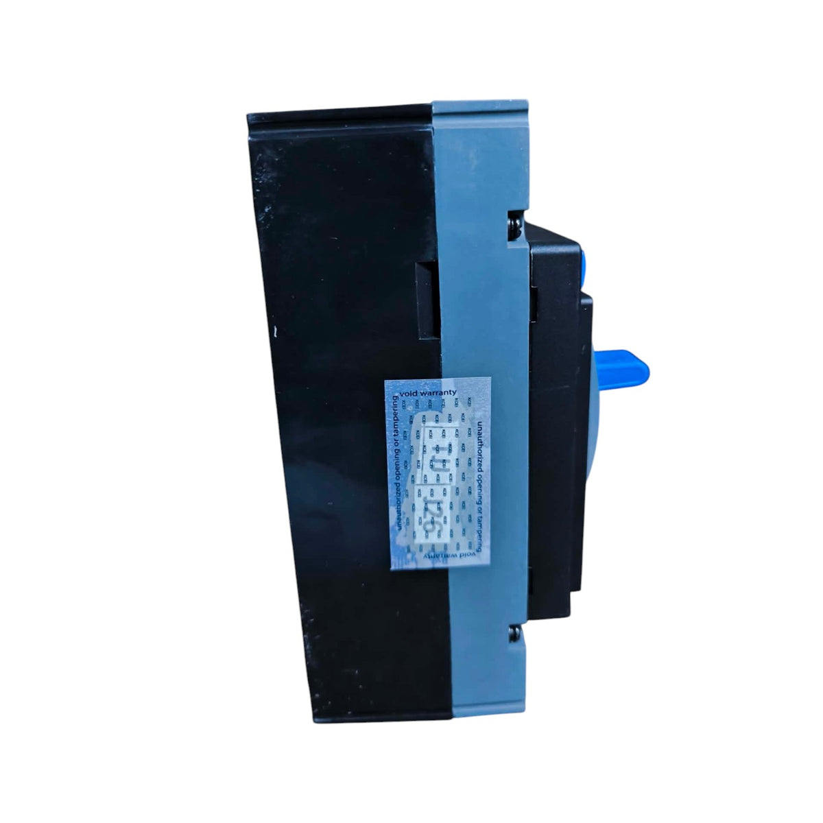 A black and blue electrical contactor or relay component with a small blue handle and a white printed label, shown against a plain white background.