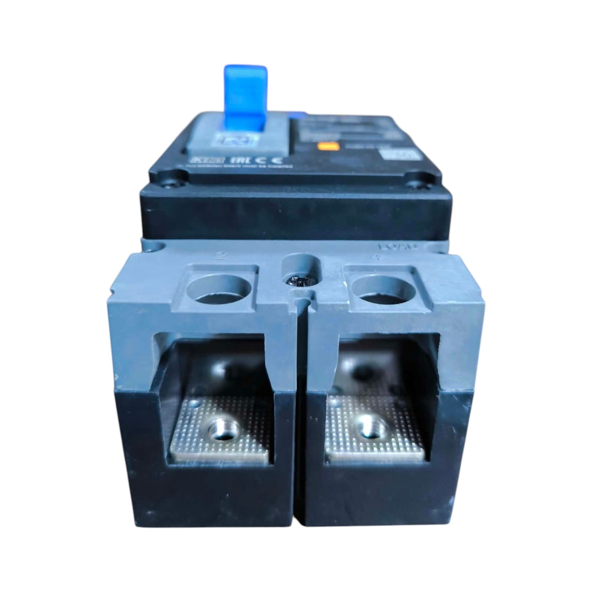 A black industrial electrical contactor or relay component with a blue top switch handle and silver metal terminals, shown on a plain white background.