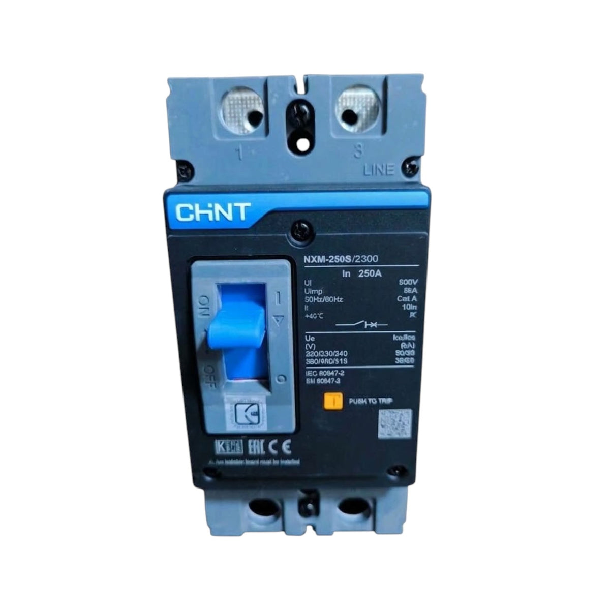 A CHNT NXM-2500R2300 circuit breaker with a blue and black front panel, set against a plain white background.