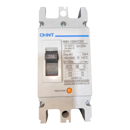 A CHINT NM1-125H/Z300 electrical circuit breaker with a white plastic housing, silver metal terminals, a dark gray switch, and blue printed text specifications.