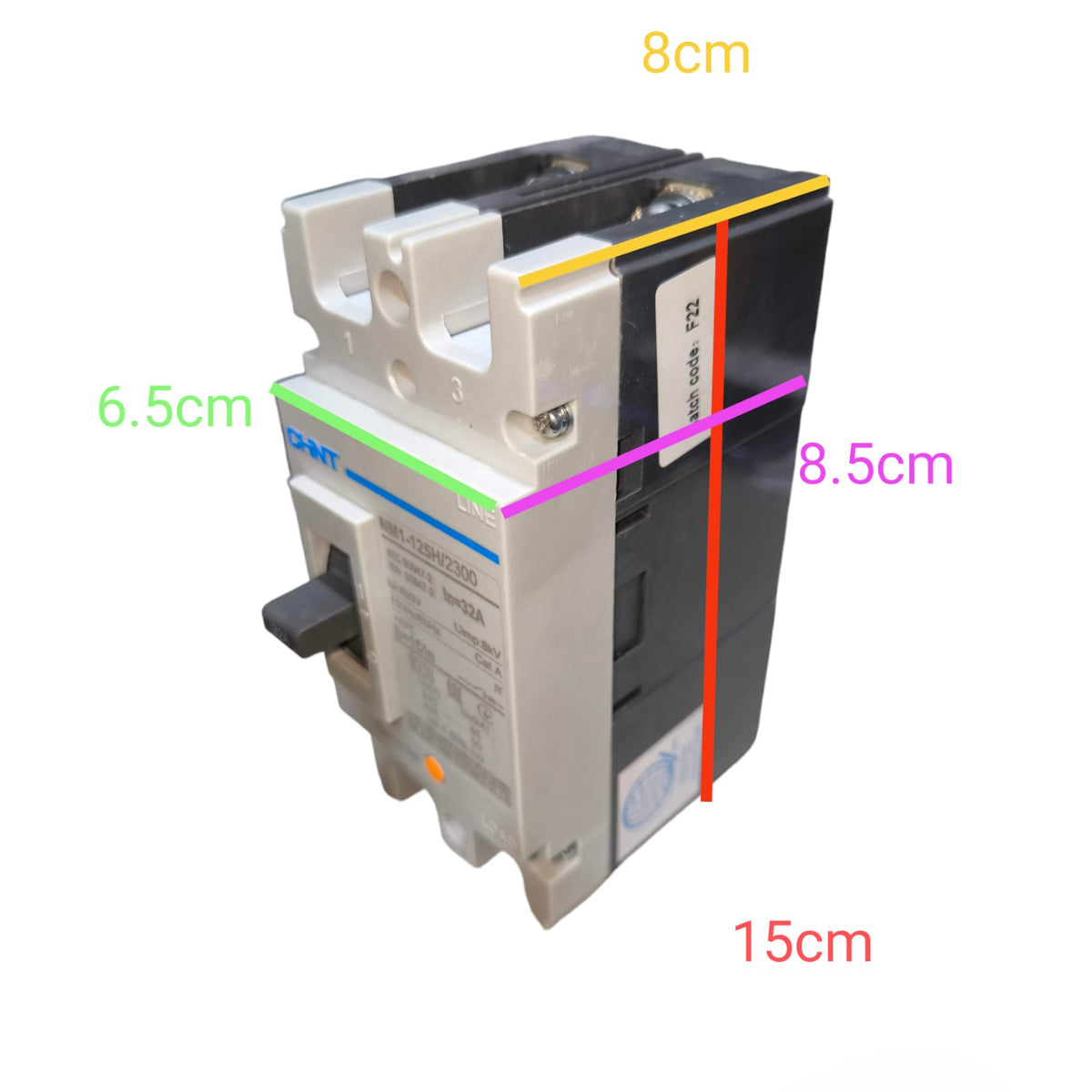 A molded electrical circuit breaker shown on a plain white background with colored dimension lines and text labels indicating measurements: 8cm, 6.5cm, 8.