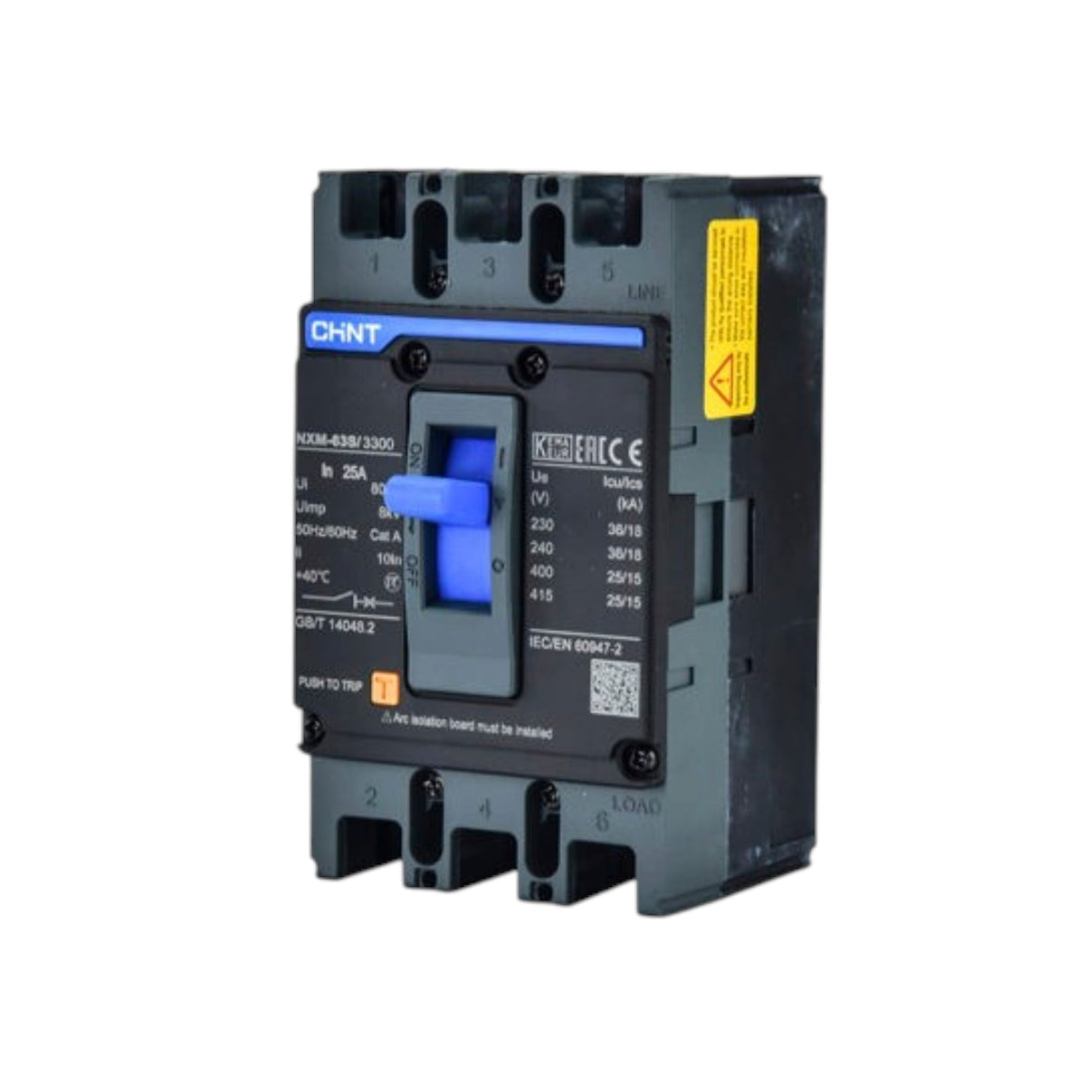A CHNT electrical circuit breaker with a black plastic housing, blue handle, and yellow warning label, shown on a plain white background.