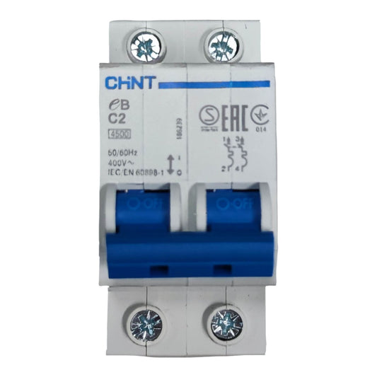 Electrical circuit breaker with CHINT branding on a white background