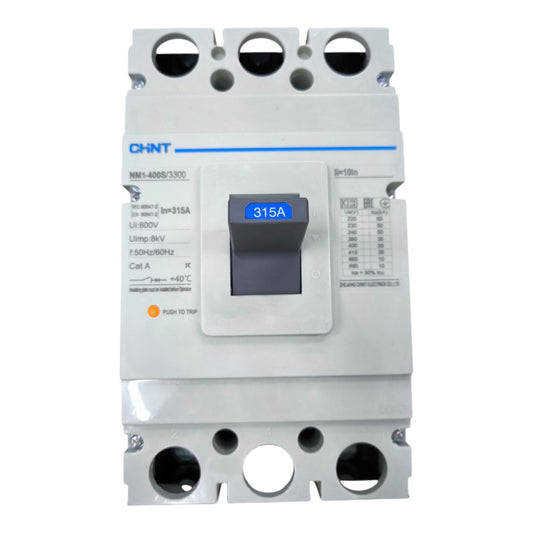 CHNT brand modular electrical circuit breaker with a gray plastic housing, a black central switch, and a blue '315A' label, shown on a plain white background.