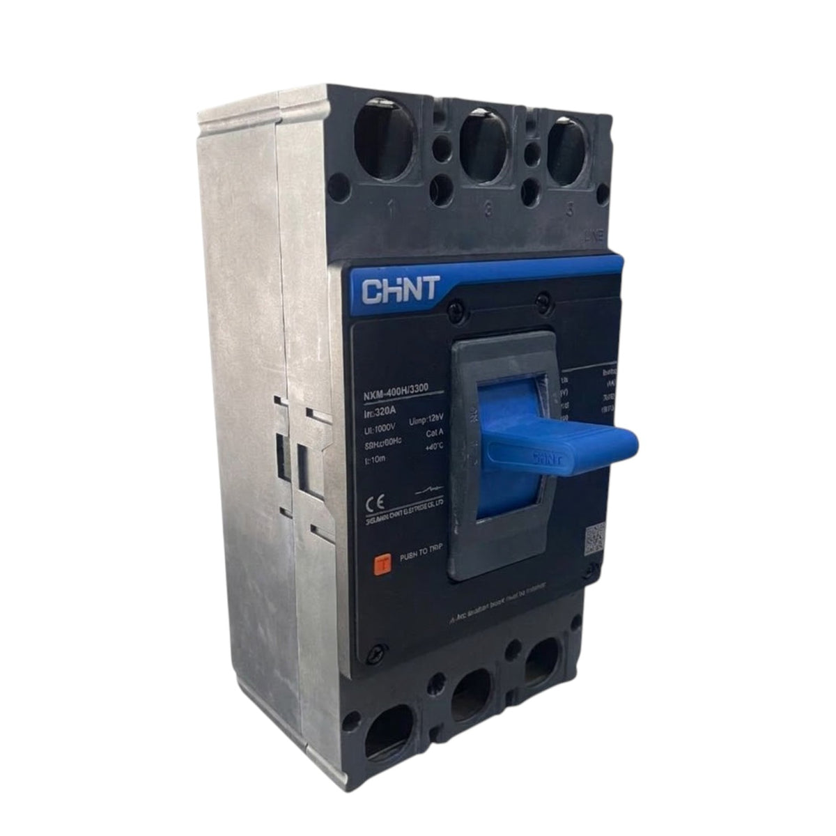 A CHNT electrical circuit breaker with a silver metal housing, a black front faceplate, and a blue handle, shown on a plain white background.