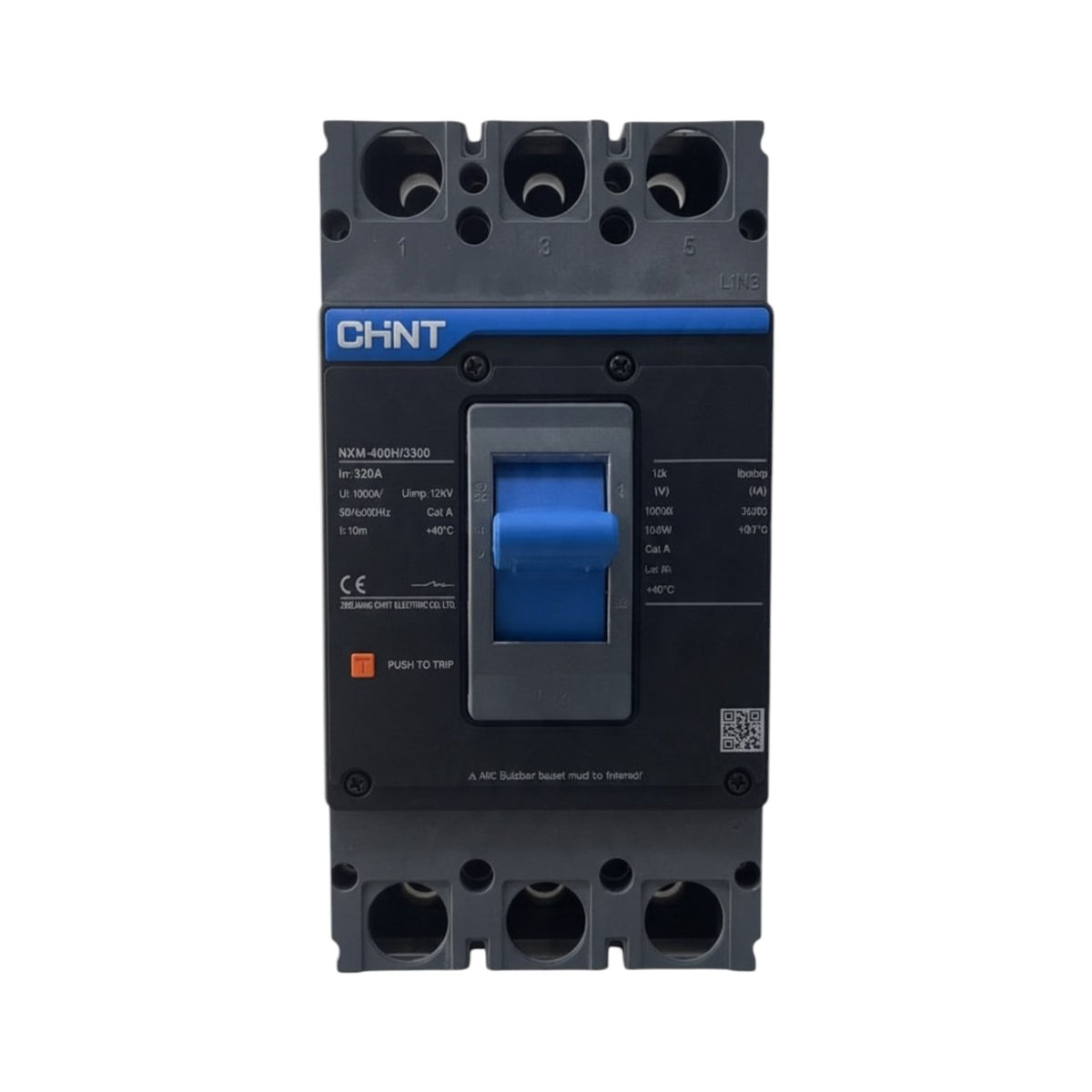 A CHNT electrical circuit breaker with a black plastic housing, a blue handle, and a blue accent strip on the front panel, shown against a plain white background.