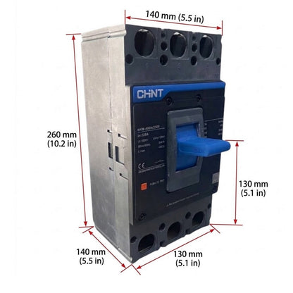 A CHNT circuit breaker with dimension annotations showing its height, width, and depth measurements in millimeters and inches on a white background.