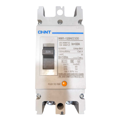 A CHNT NM1-125H/Z300 industrial circuit breaker with a silver metal housing, featuring a black switch, technical specifications printed on the front, and an orange push-to-trip button.