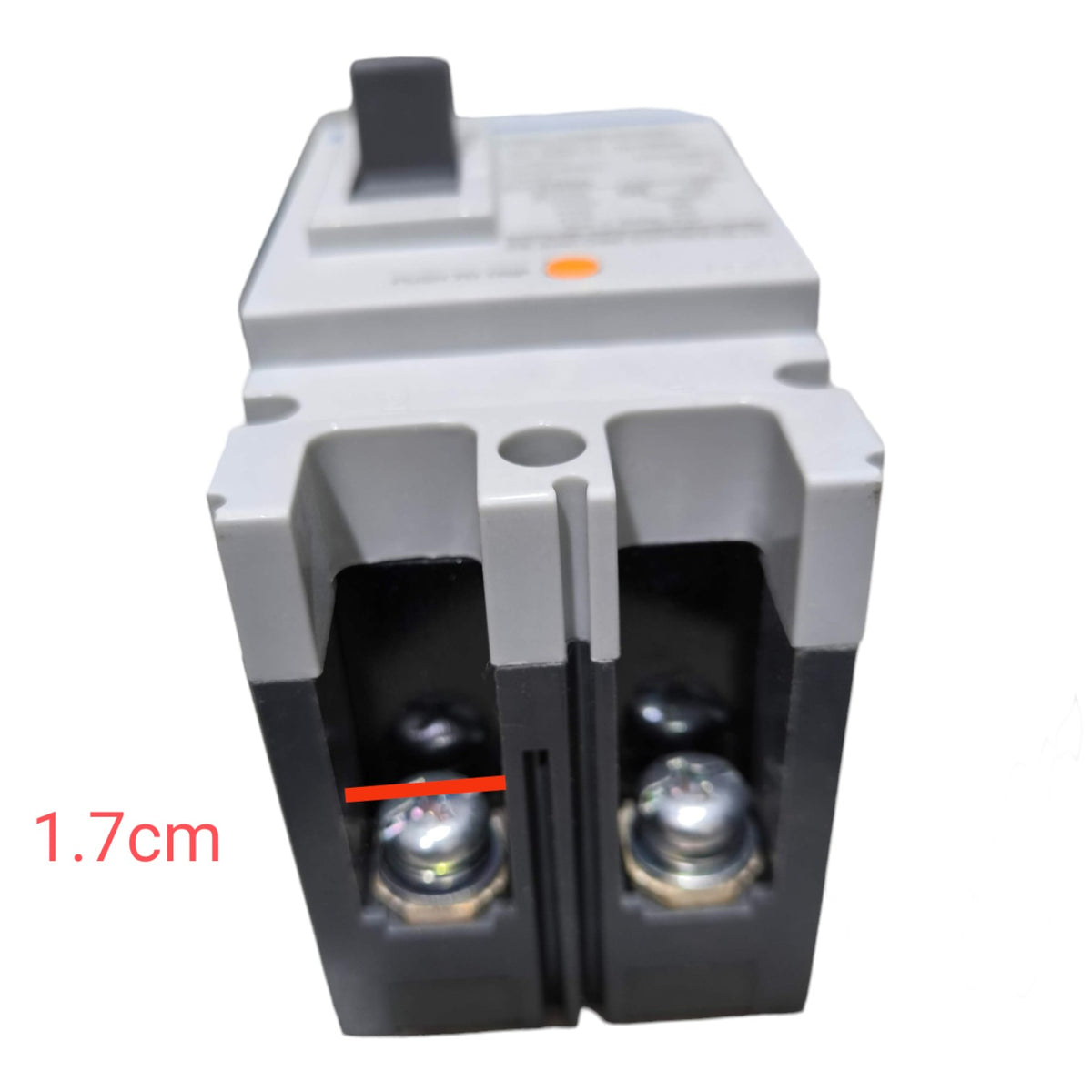 A double-pole electrical circuit breaker with a gray top housing and black lower housing, featuring two metal screw terminals. A red overlay line indicates a width of 1.