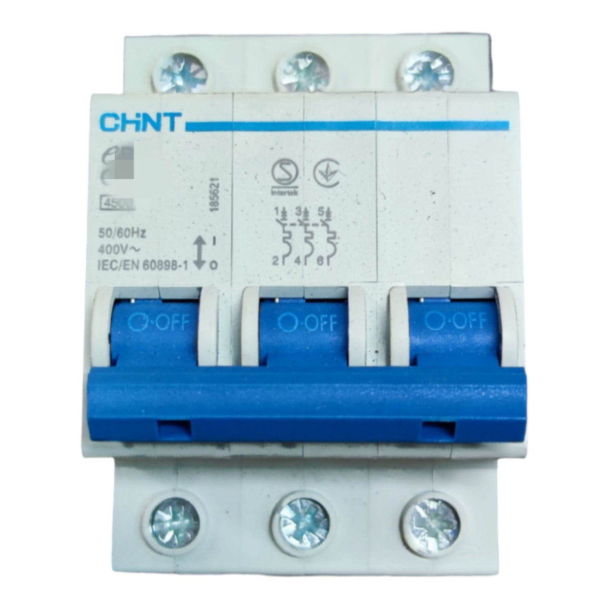 CHNT brand modular electrical circuit breaker with blue handles and white plastic housing, shown on a plain white background.