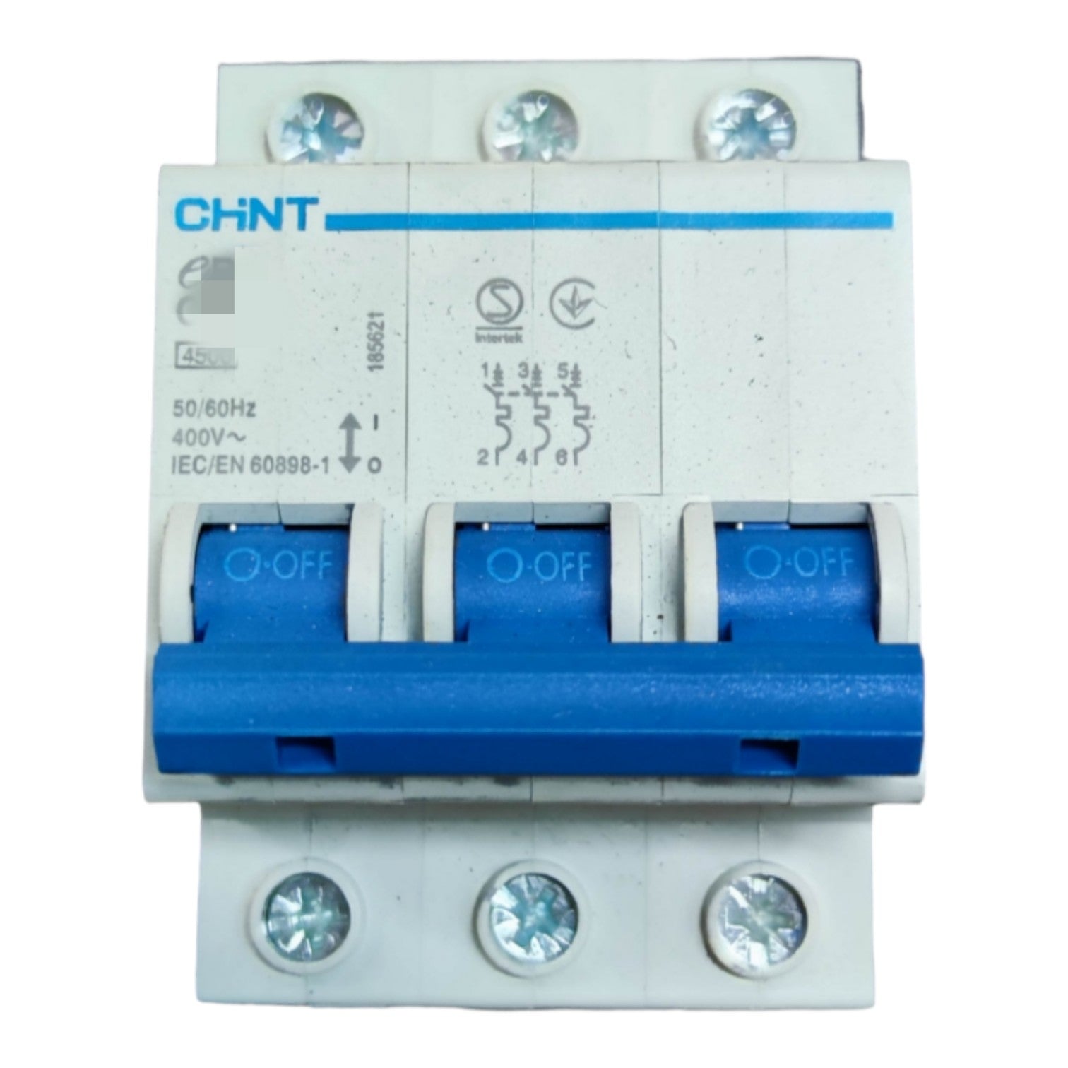 CHNT brand modular electrical circuit breaker with blue handles and white plastic housing, shown on a plain white background.