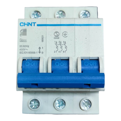CHNT brand modular electrical circuit breaker with blue handles and white plastic housing, shown on a plain white background.