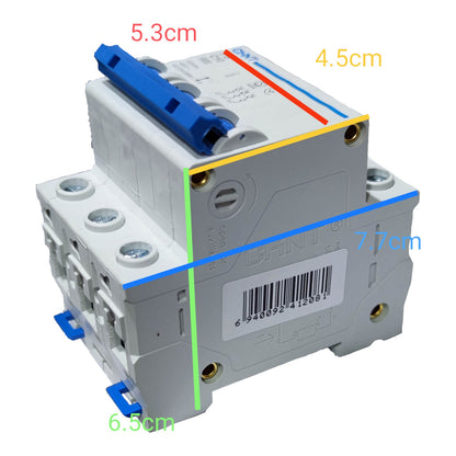 An electrical contactor or relay component shown on a white background with colored dimension lines and text labels indicating measurements in centimeters.