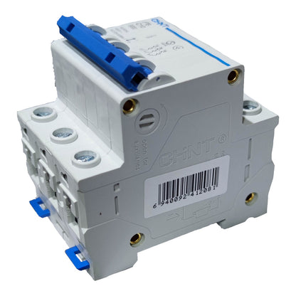 A CHNT brand modular electrical contactor module, featuring a white plastic housing with blue handle components and brass screw terminals, shown on a solid white background.