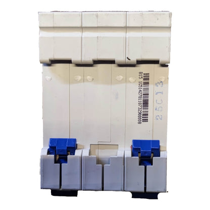 A three-pole circuit breaker with a beige plastic housing, blue switch levers, and a barcode label on the side, isolated on a white background.