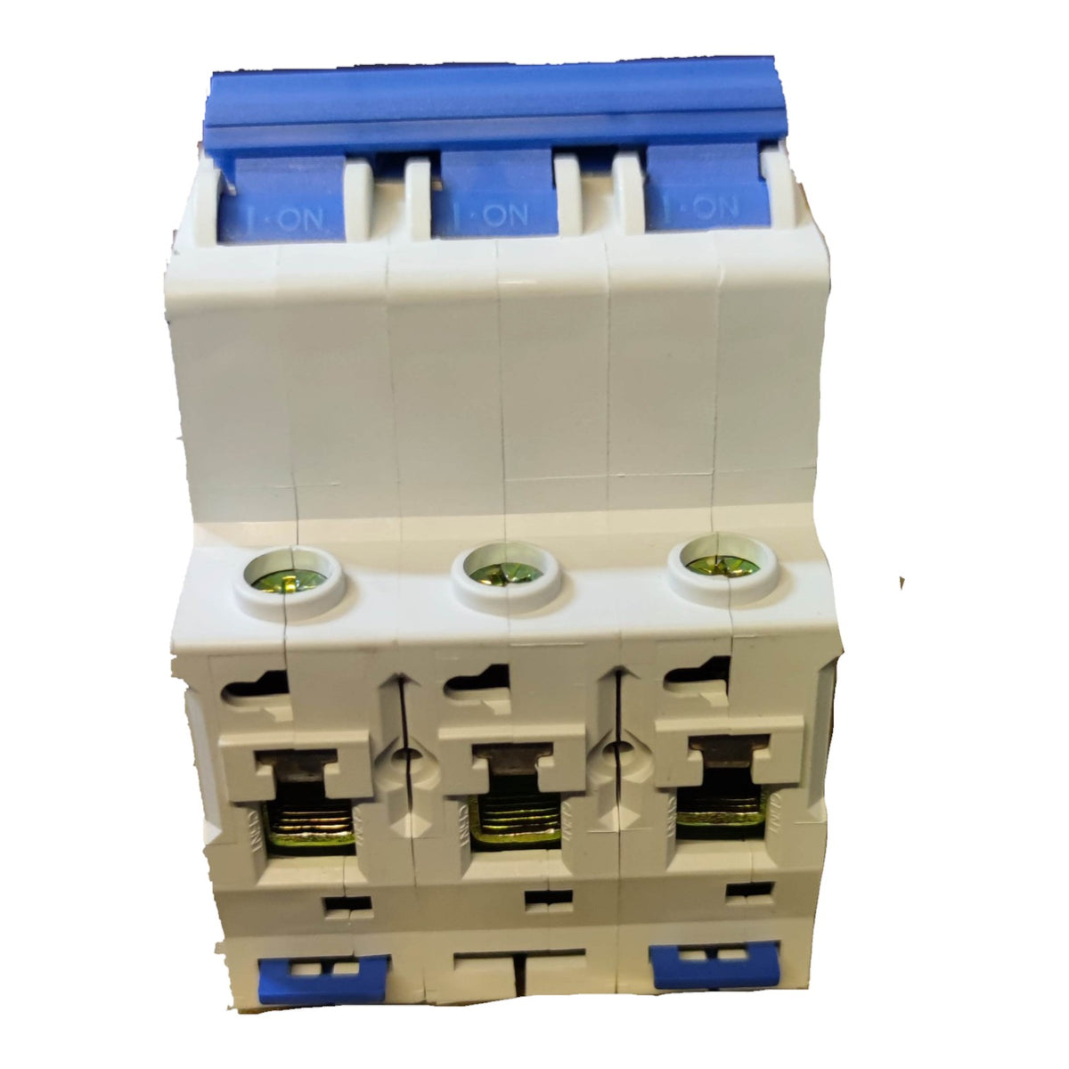 A three-pin modular electrical circuit breaker with a white plastic main body and blue plastic trip levers and terminal covers, isolated on a white background.