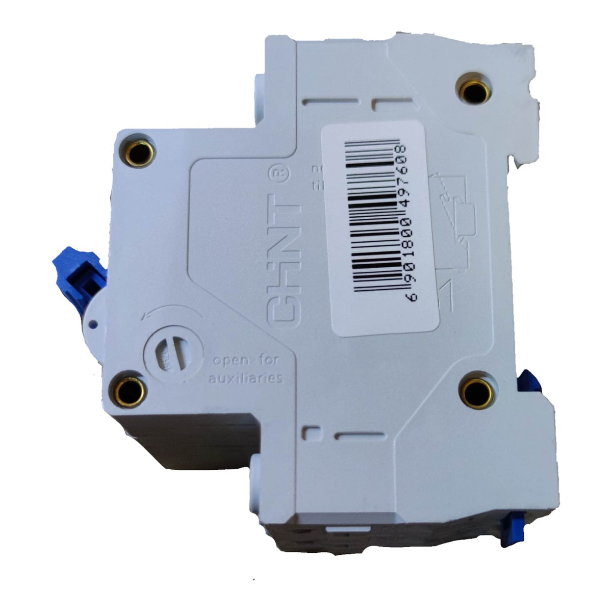 A white Schneider Electric CHNT auxiliary contact module with blue terminal connectors and brass screw terminals, featuring a barcode label on the side.