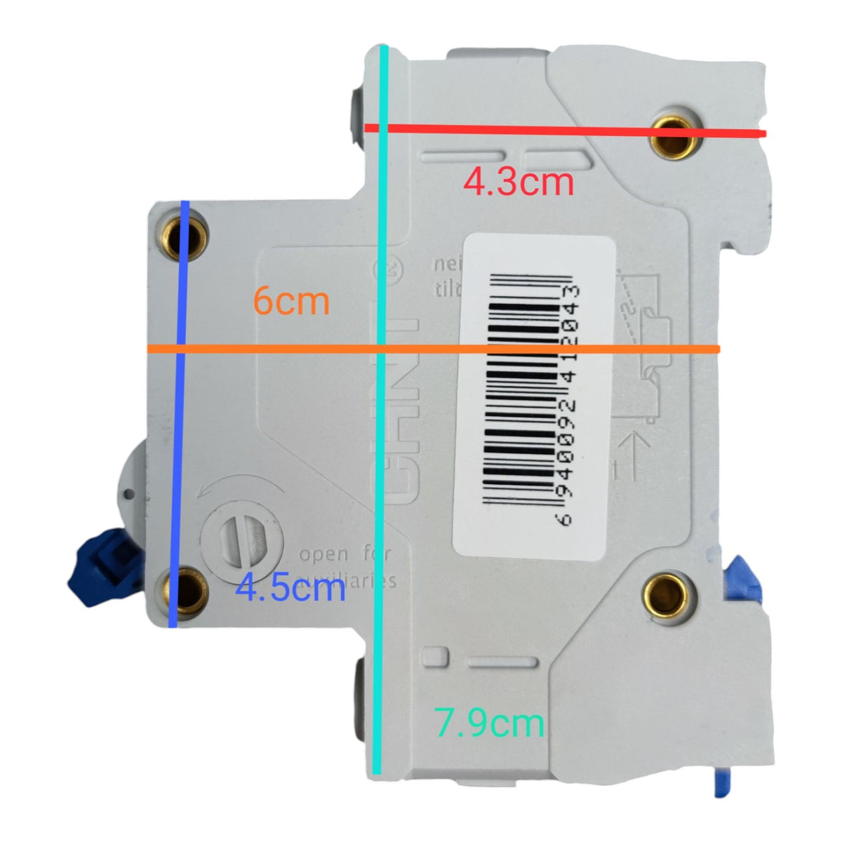 Electrical circuit breaker with measurements marked on a white background